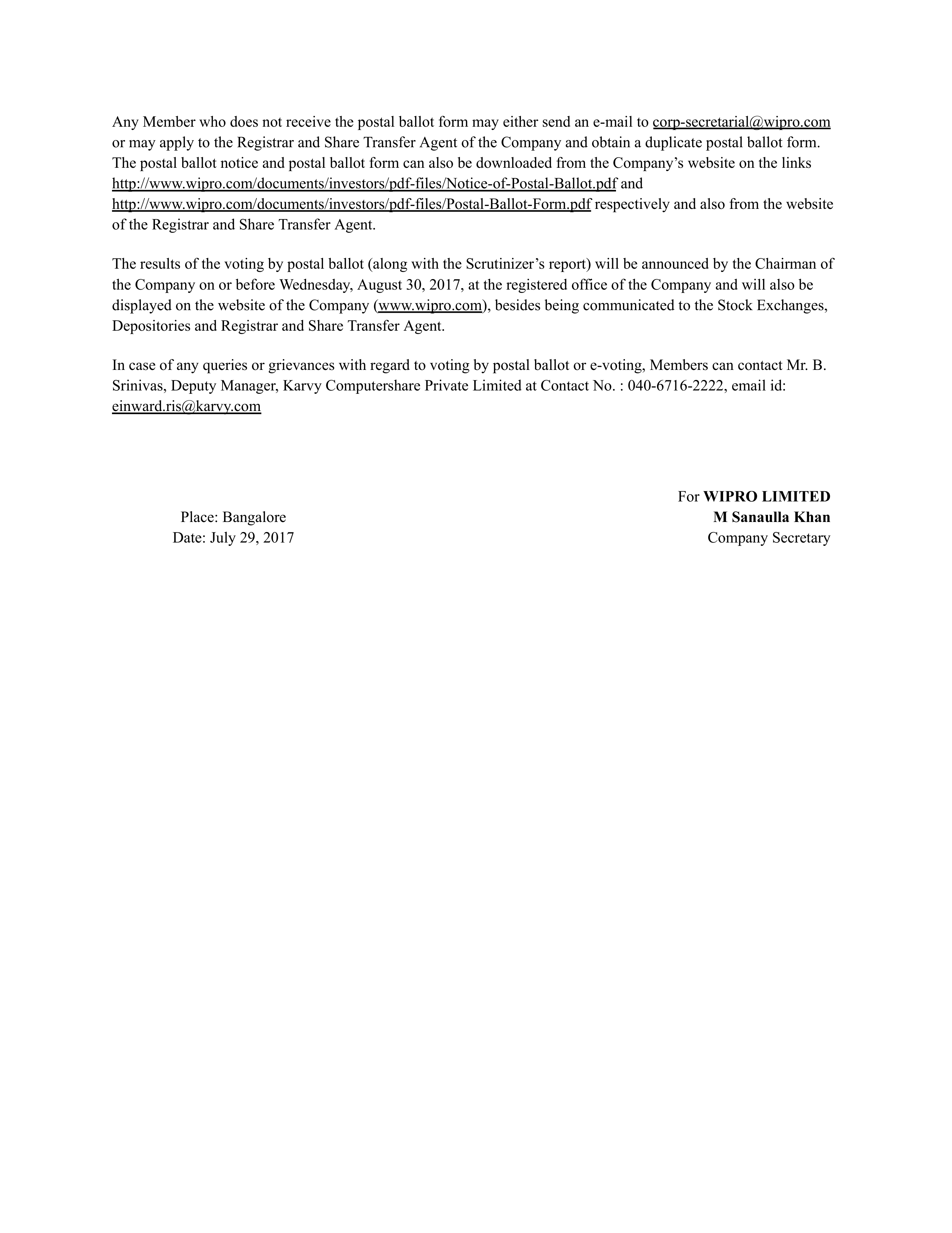 Wipro Postal Ballot Notice — page 2