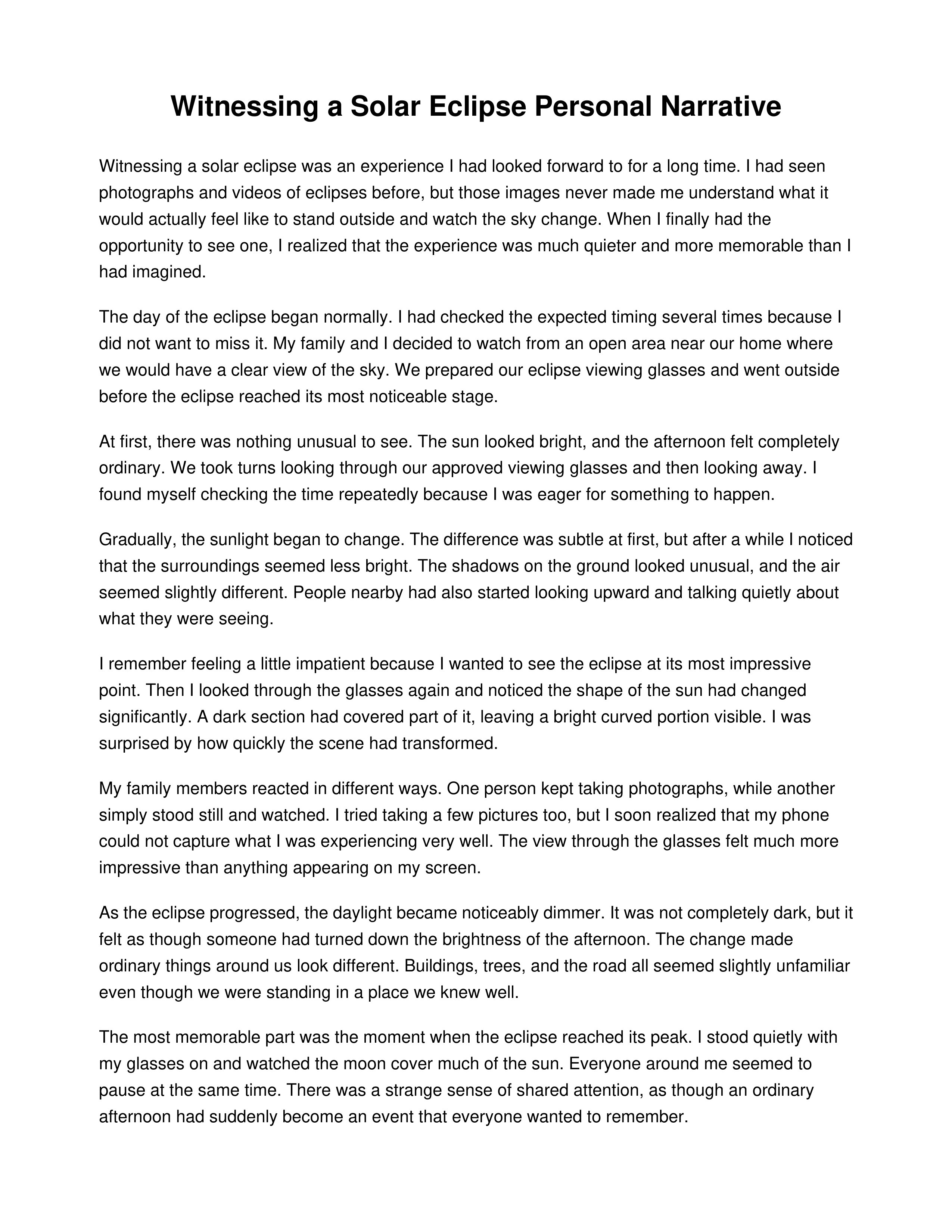 Witnessing a Solar Eclipse Personal Narrative — page 1