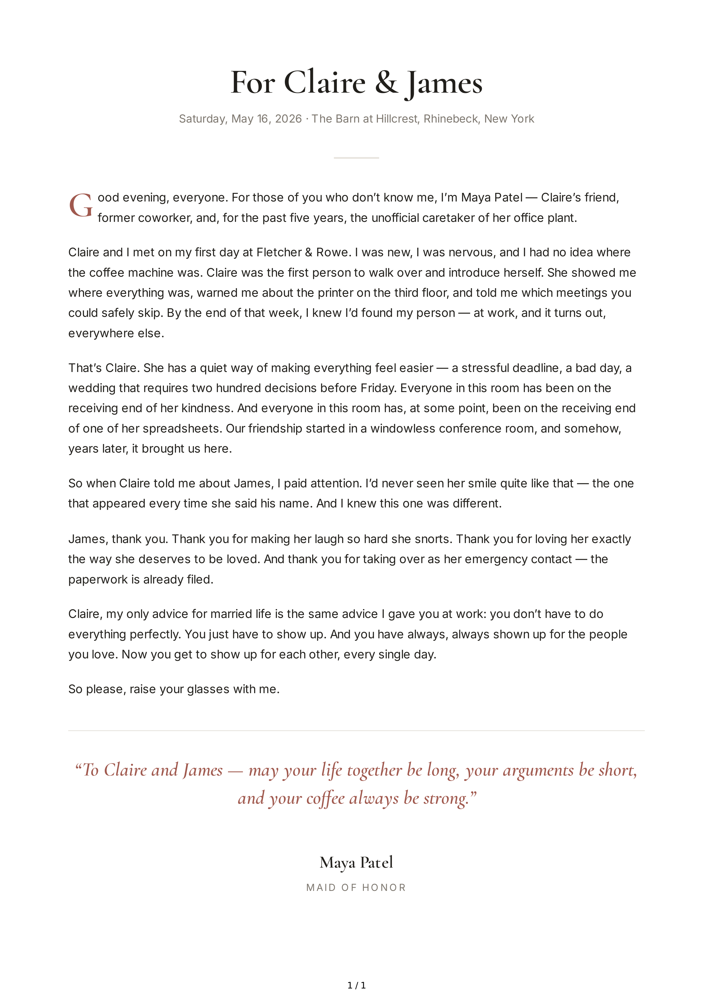 Work Friend Maid of Honor Speech — page 1