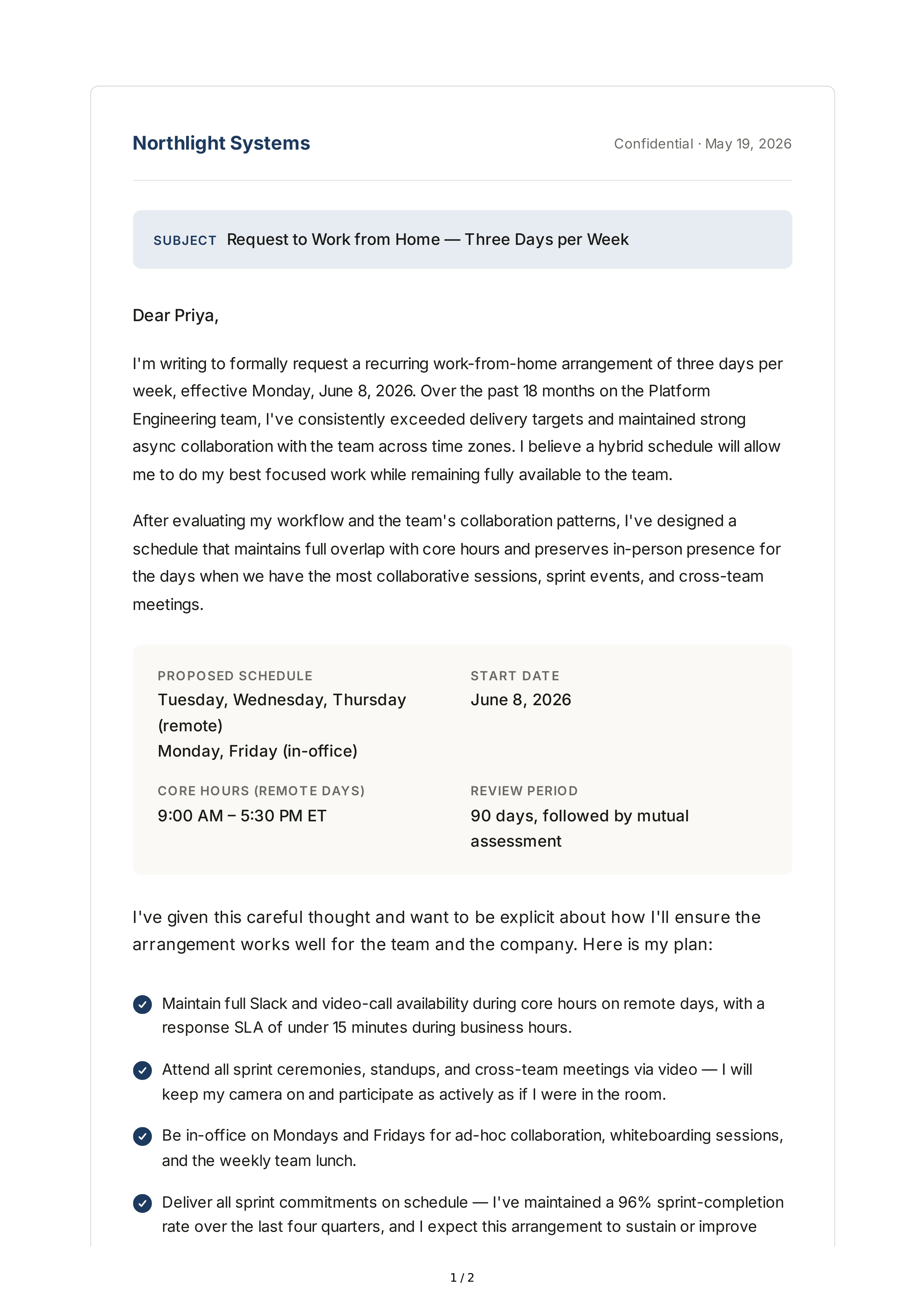 Work-from-Home Request Email — page 1