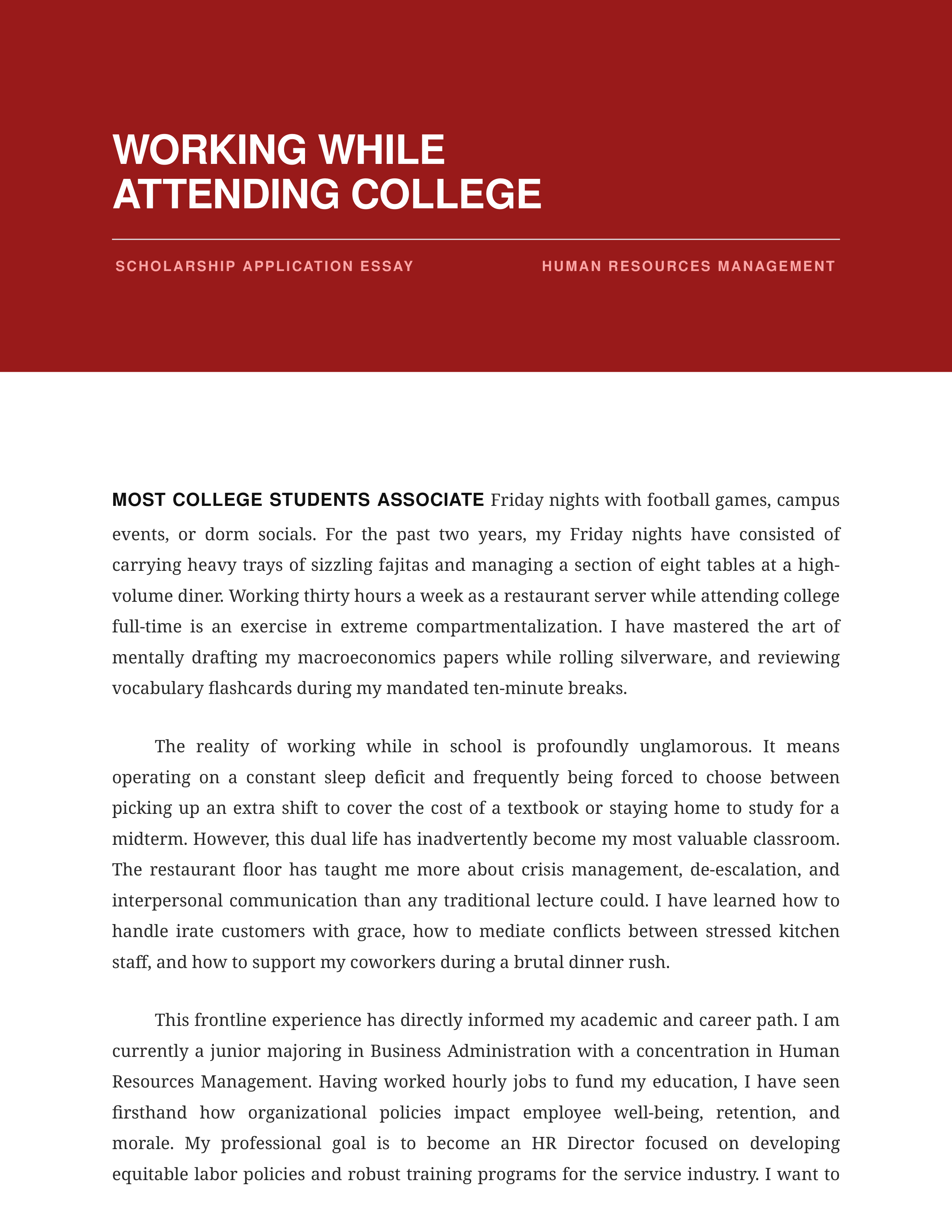 Working While Attending College Scholarship Essay — page 1