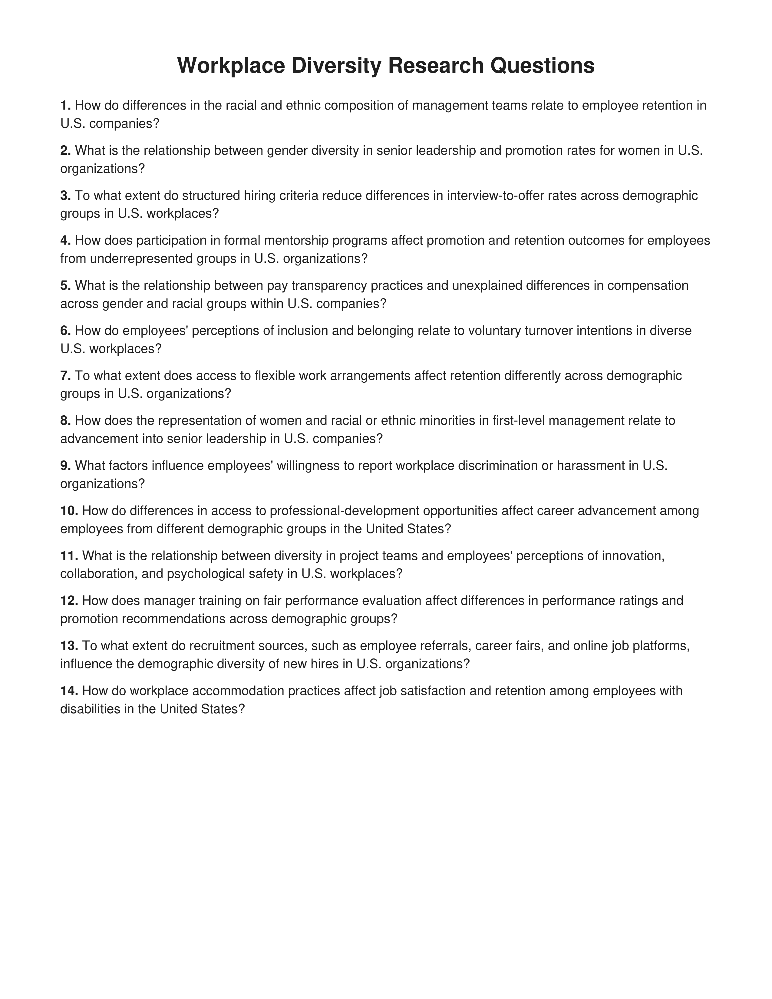 Workplace Diversity Research Questions — page 1
