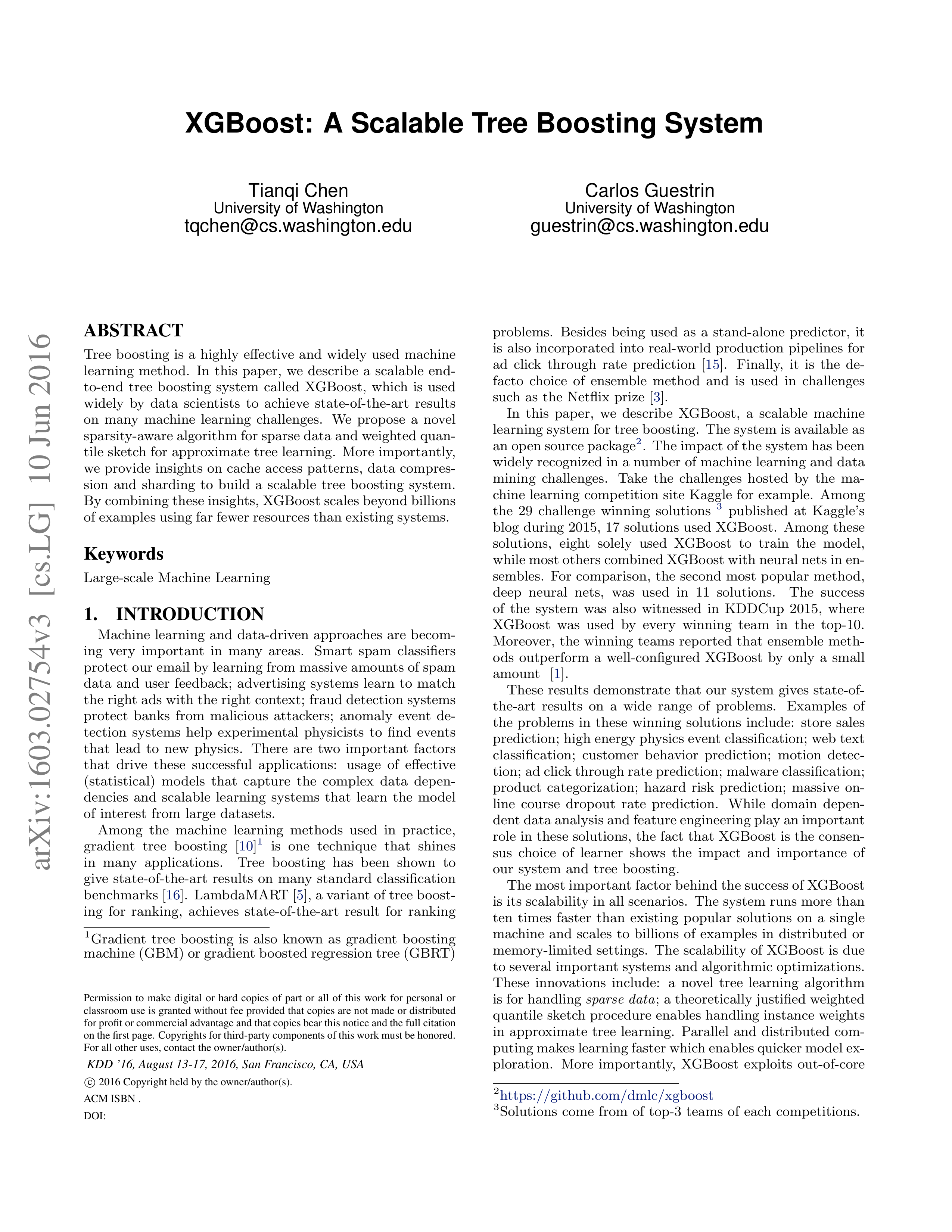 XGBoost: A Scalable Tree Boosting System Research Paper by University of Washington — page 1