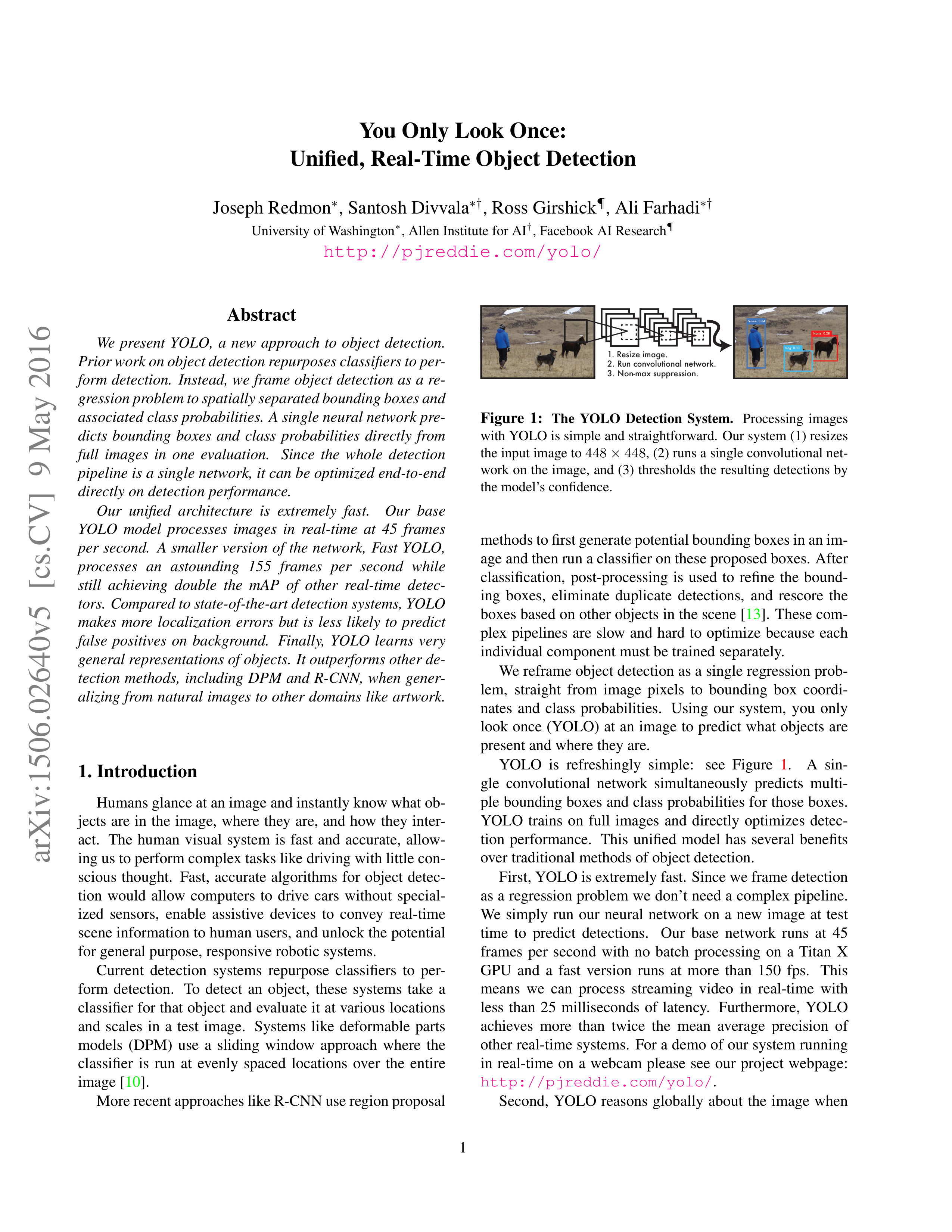 YOLO: Real-Time Object Detection Research Paper by Washington University — page 1