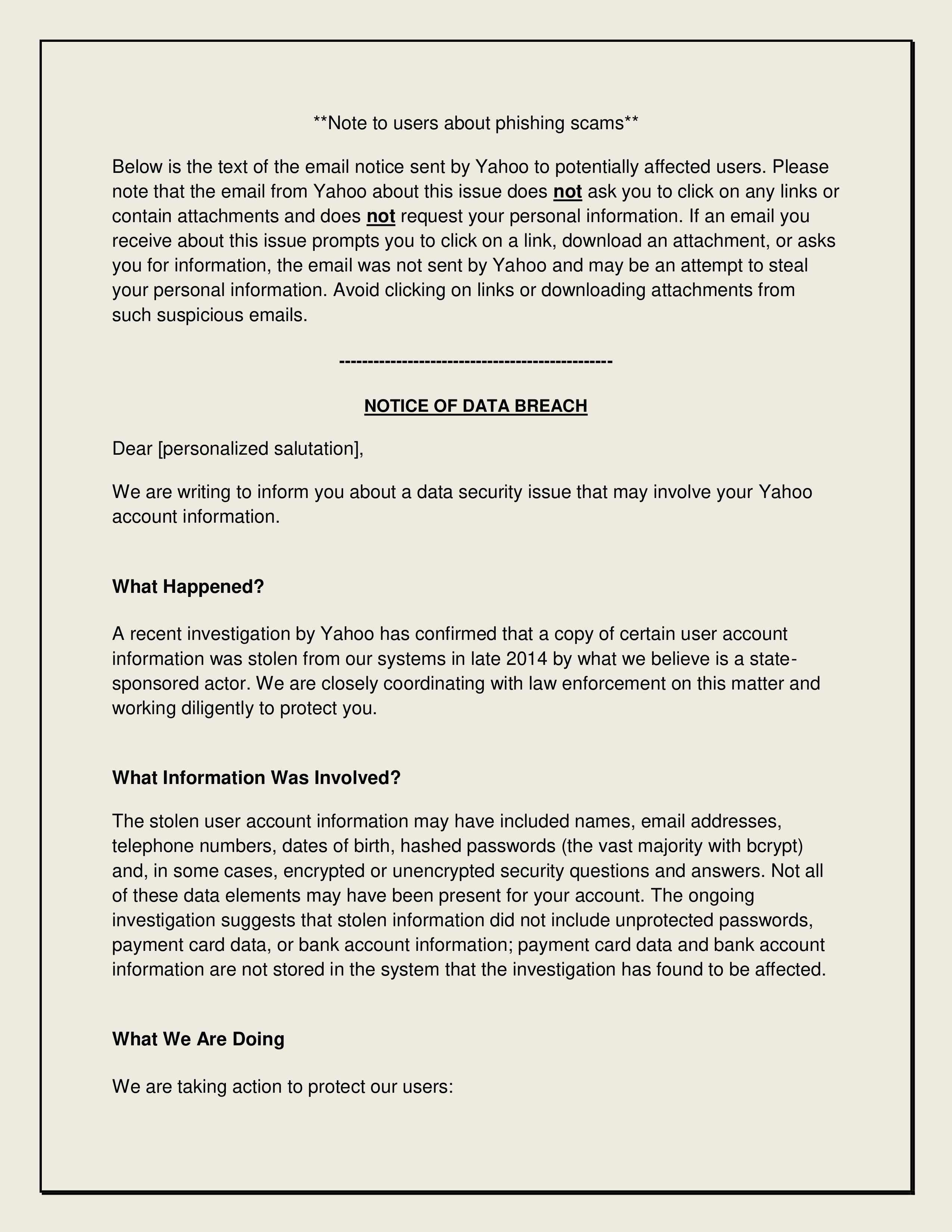 Yahoo Data Breach Notice — page 1