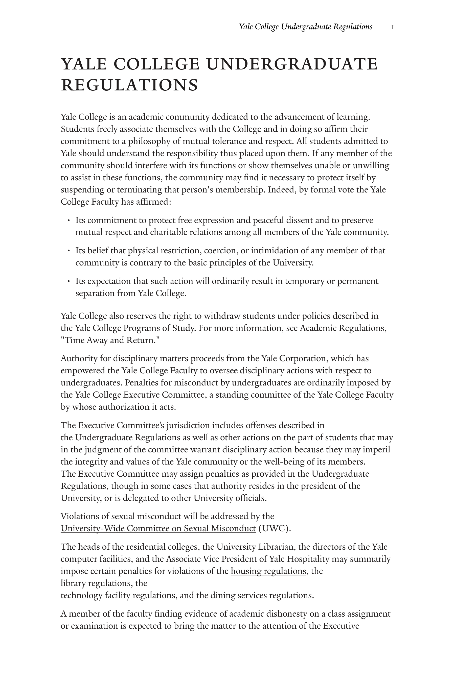 Yale College Undergraduate Regulations Handbook — page 1