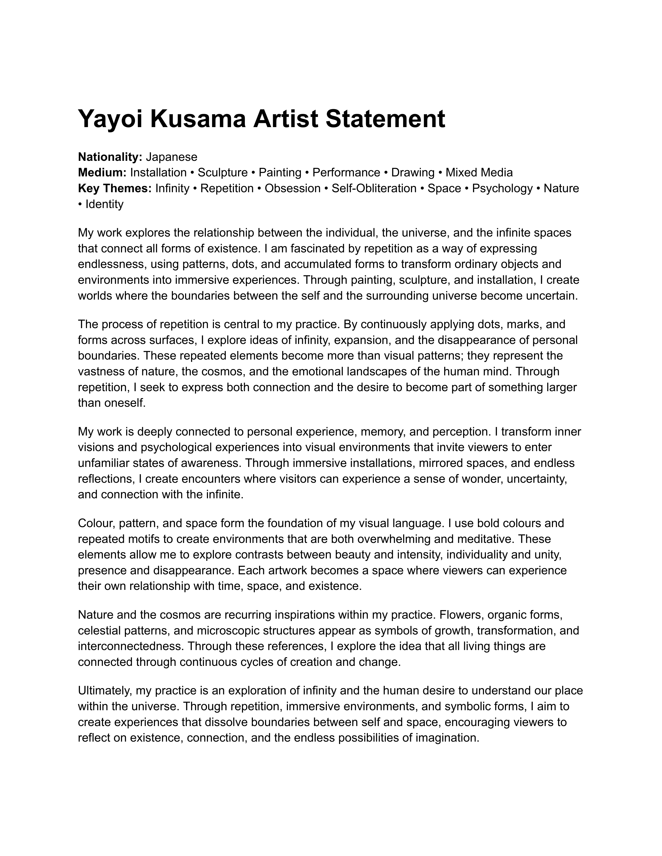 Yayoi Kusama Artist Statement — page 1