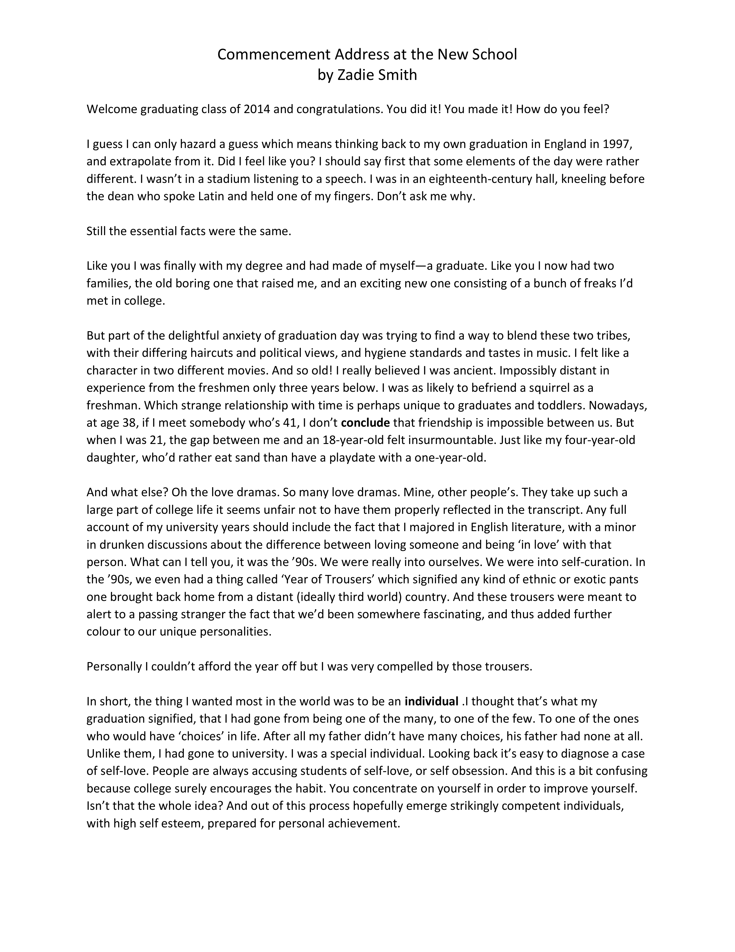 Zadie Smith Commencement Speech — page 1