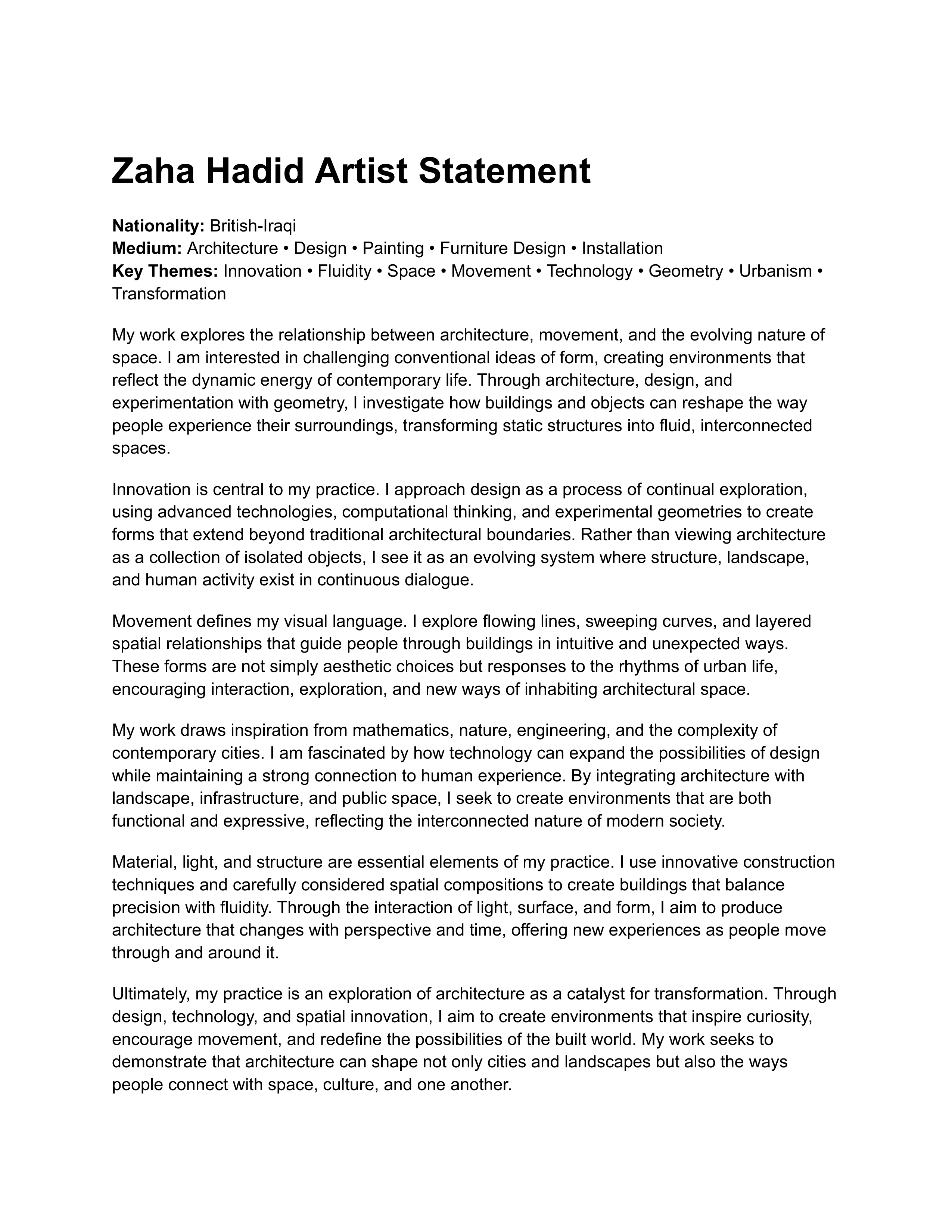 Zaha Hadid Artist Statement — page 1