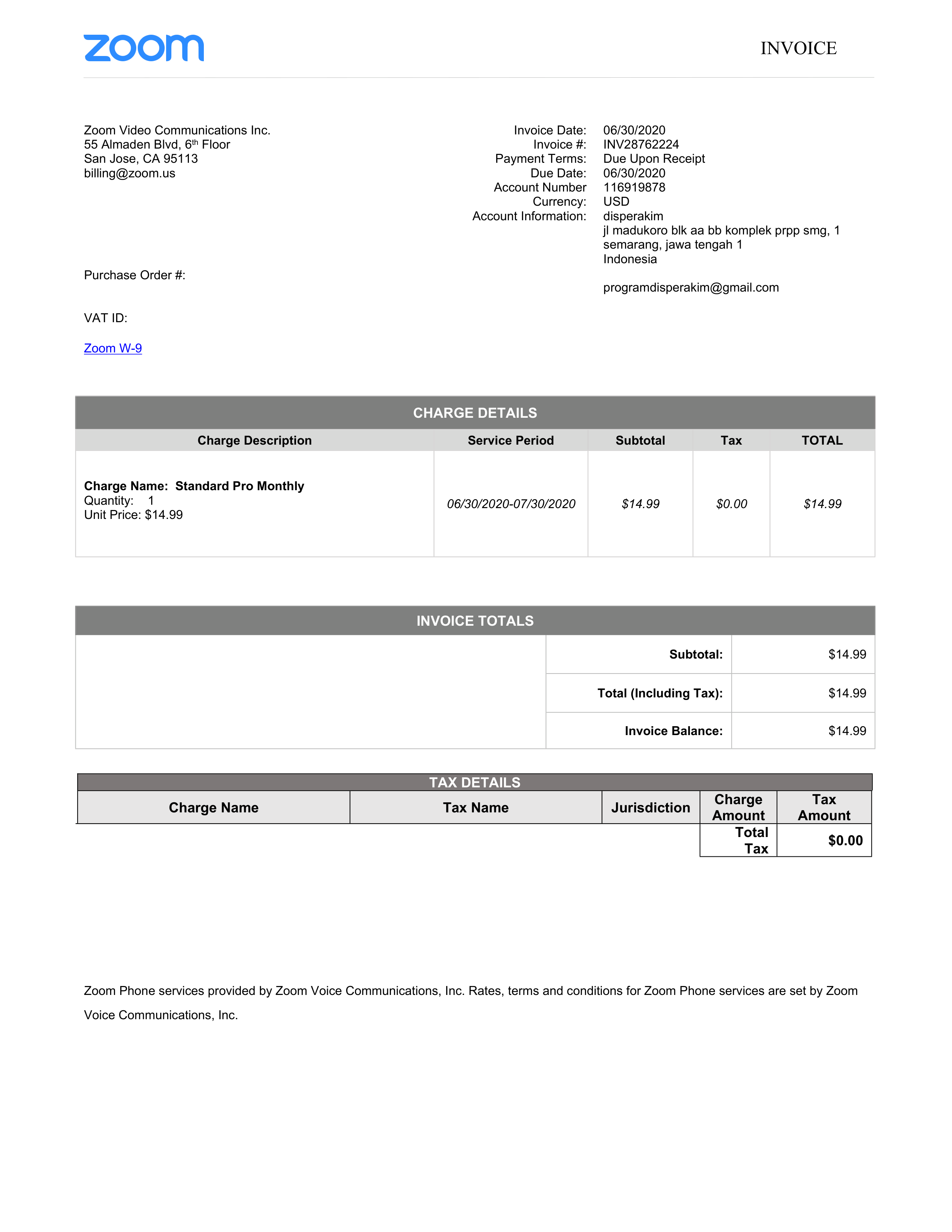 Zoom Business Invoice — page 1