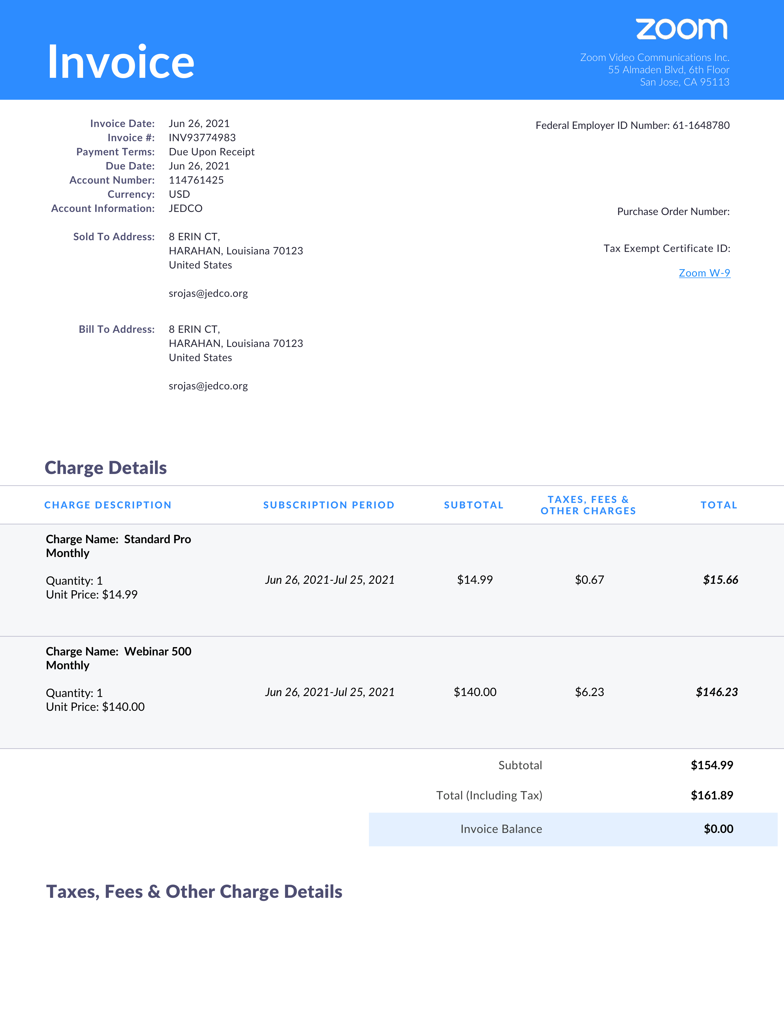 Zoom Subscription Invoice — page 1