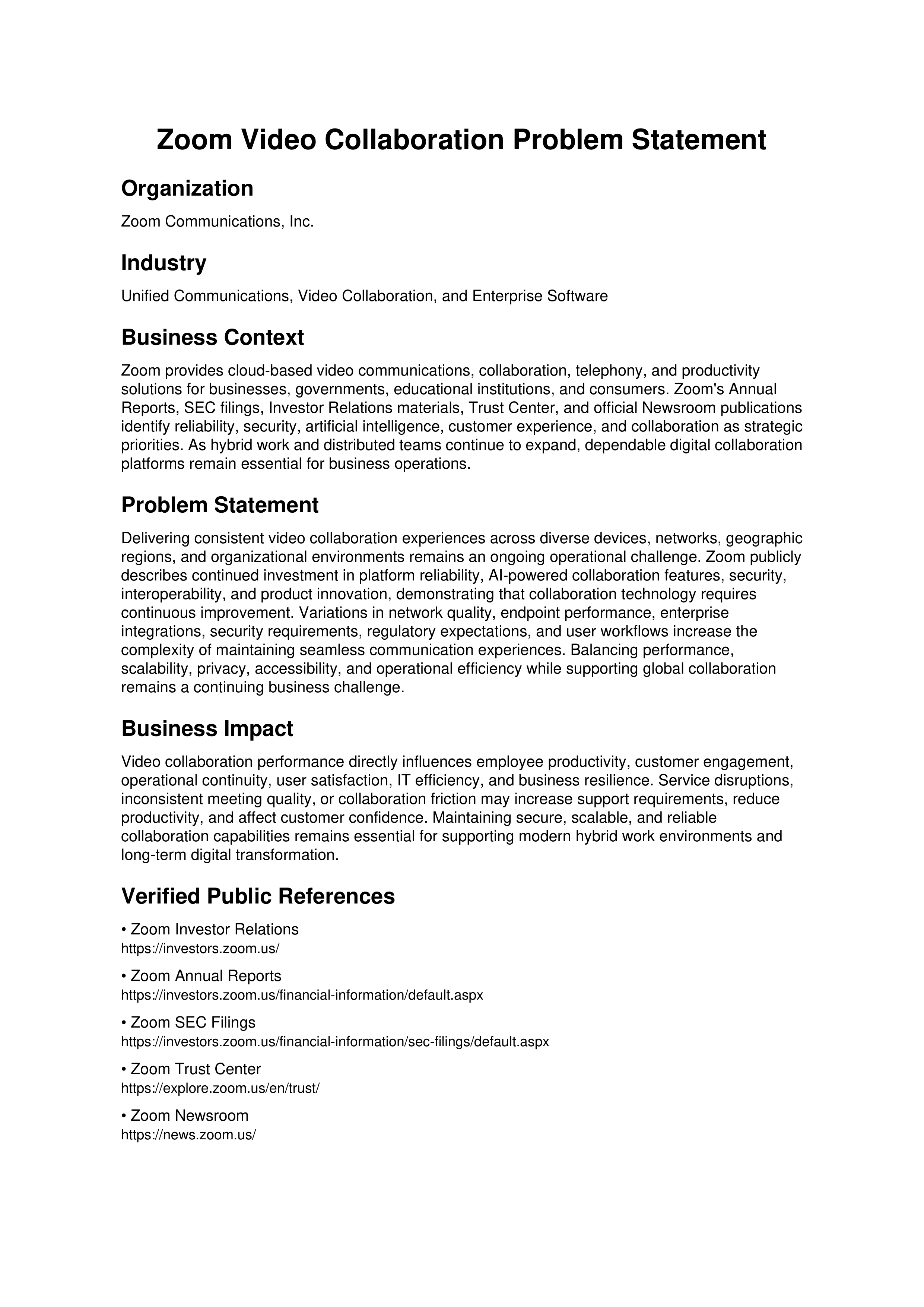 Zoom Video Collaboration Problem Statement — page 1