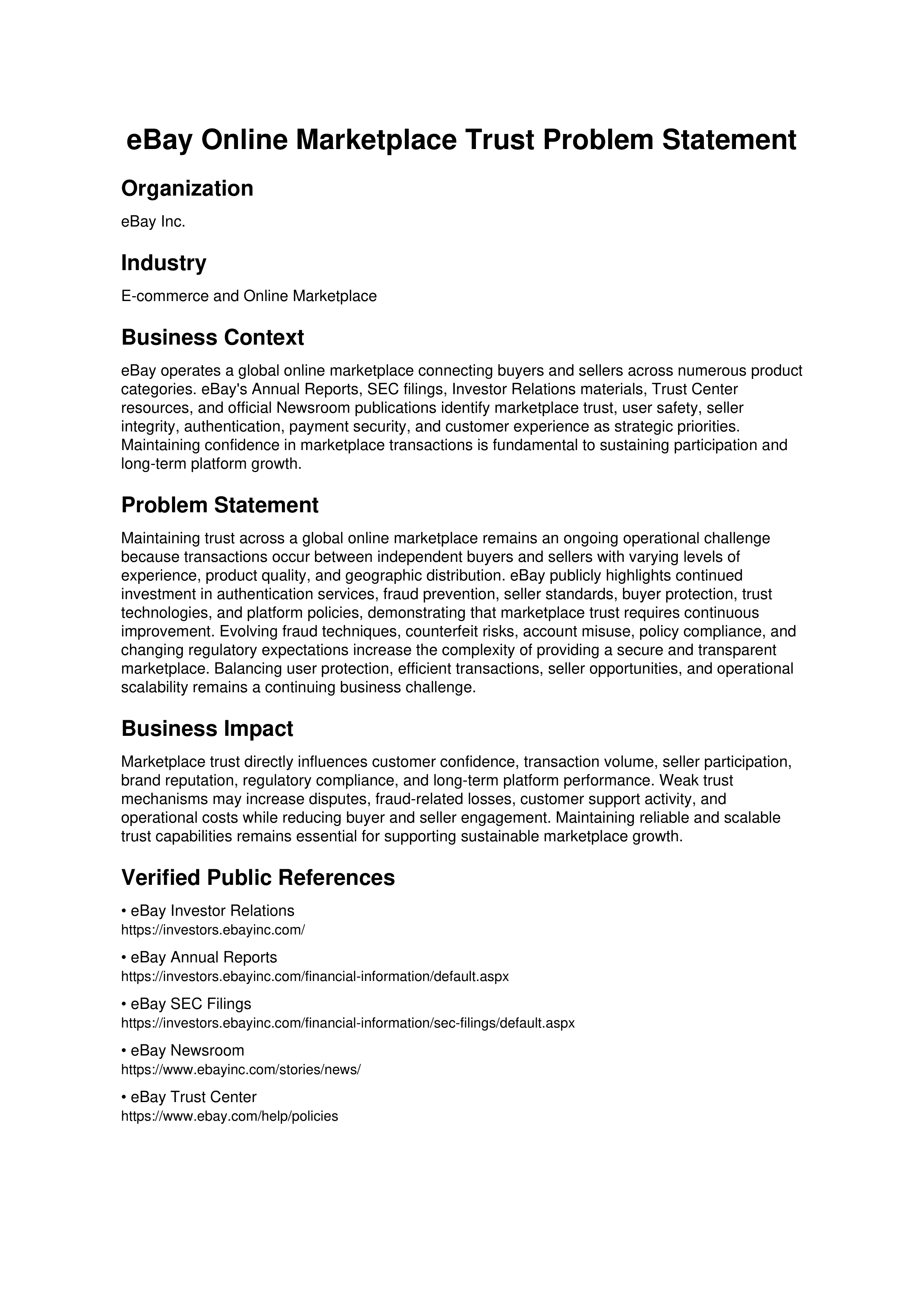 eBay Online Marketplace Trust Problem Statement — page 1