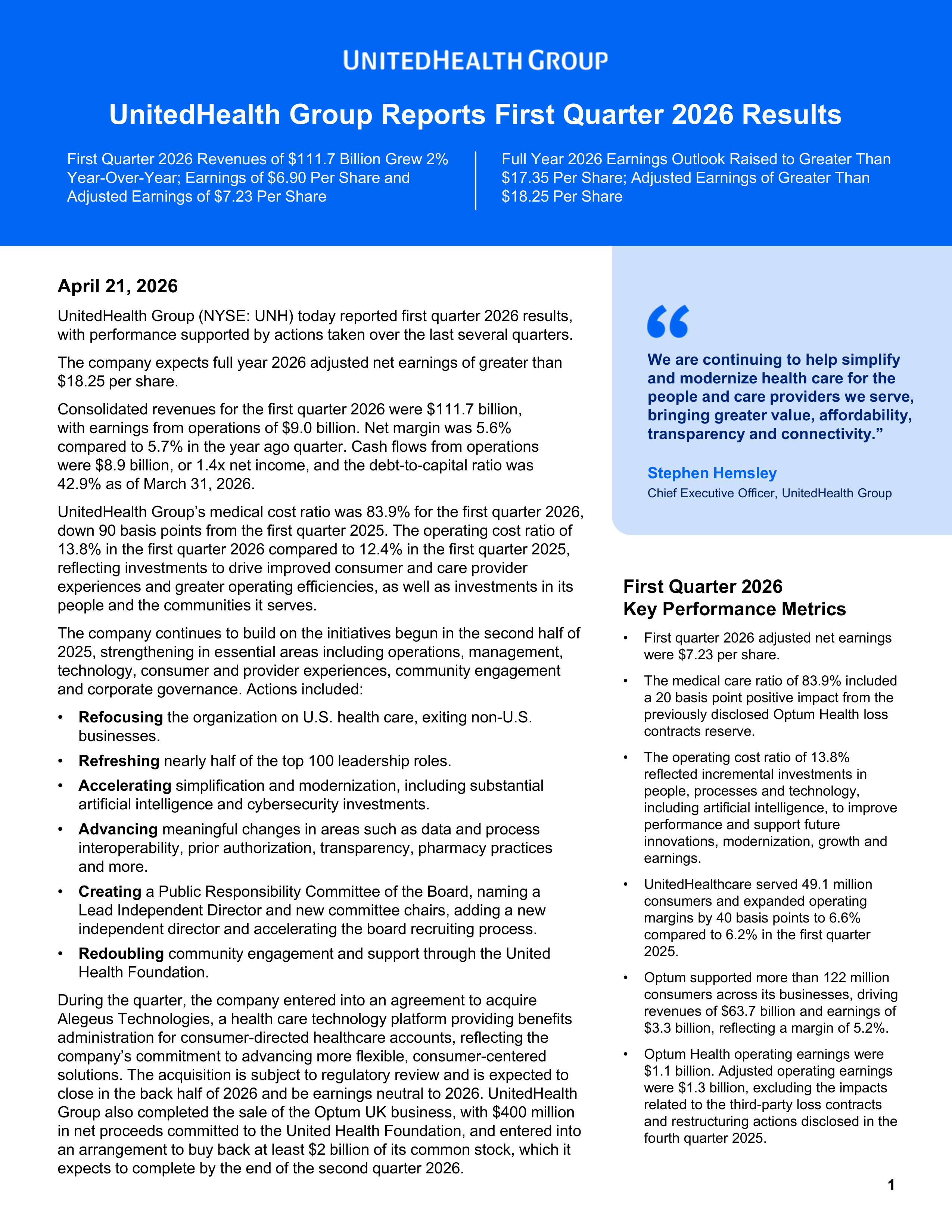 UnitedHealth Group Q1 Report — page 1